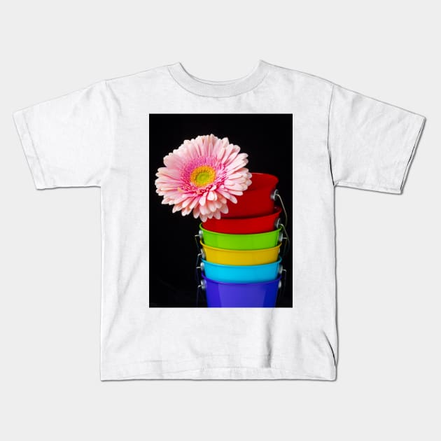 Pink Daisy In Colorful Buckets Kids T-Shirt by photogarry